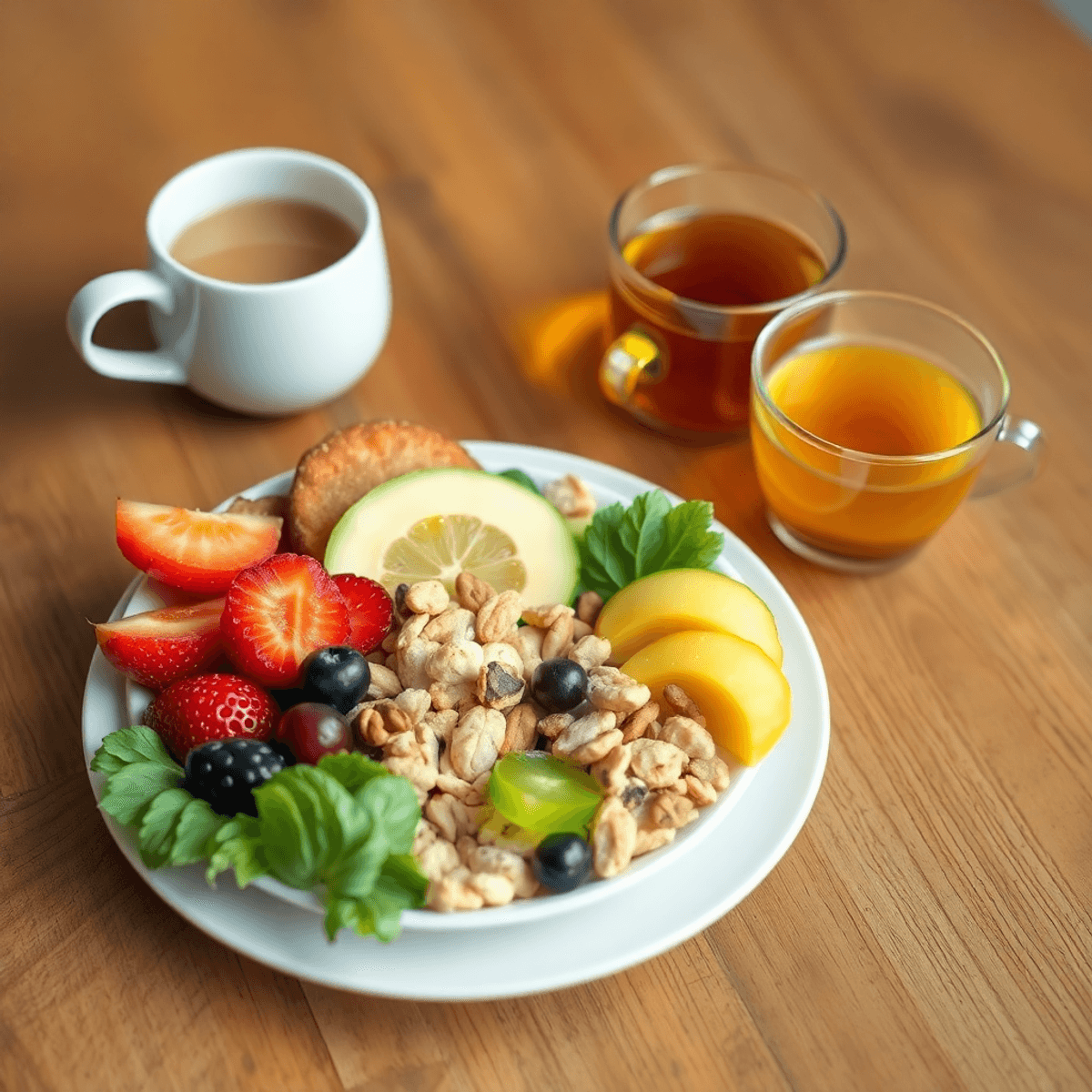 A healthy snack plate with fresh fruits, nuts, vegetables, and a cup of herbal tea on a wooden table, evoking calm and self-care.