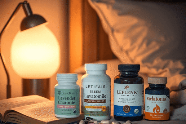 Top Sleep Supplements: What Works and What to Avoid in 2025 A nighttime scene with lavender, chamomile, melatonin capsules, a glowing bedside lamp, and an open book, creating a peaceful and restful atmosphere.