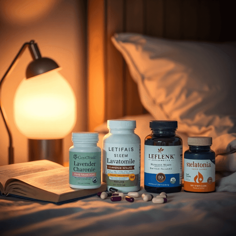 A nighttime scene with lavender, chamomile, melatonin capsules, a glowing bedside lamp, and an open book, creating a peaceful and restful atmosphere.