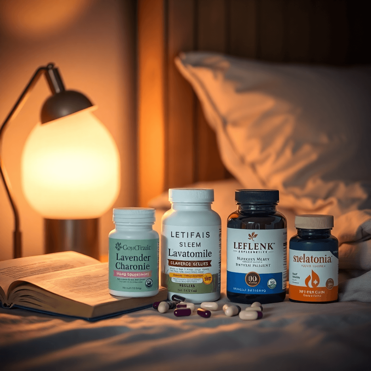 A nighttime scene with lavender, chamomile, melatonin capsules, a glowing bedside lamp, and an open book, creating a peaceful and restful atmosphere.