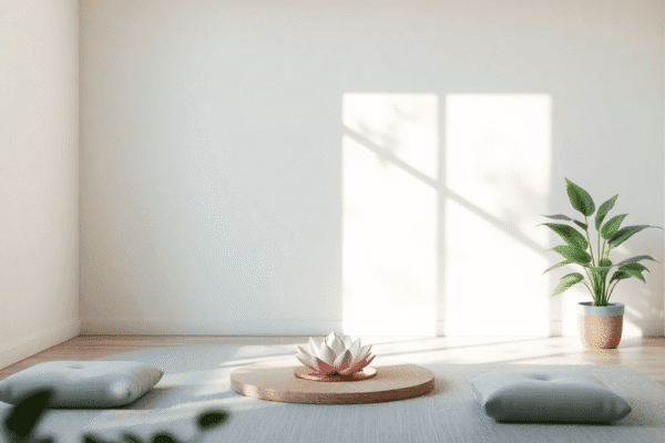 Mindfulness Certification: What You Need to Know A peaceful meditation space with soft natural light, lotus flower, cushions, and gentle greenery creating a serene and calming atmosphere.