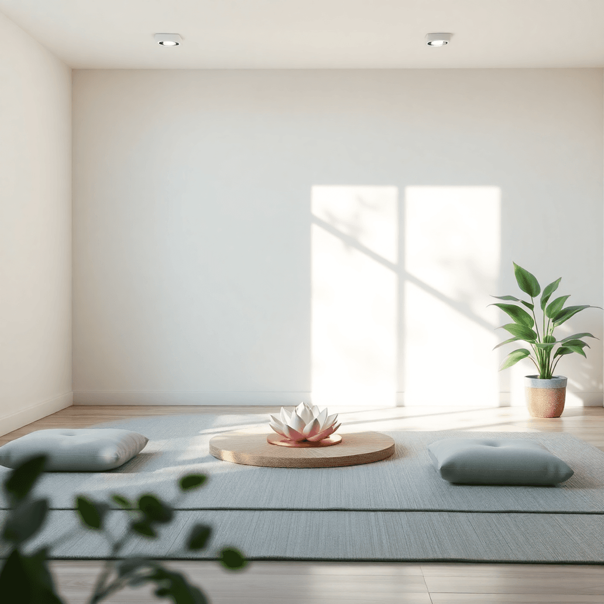A peaceful meditation space with soft natural light, lotus flower, cushions, and gentle greenery creating a serene and calming atmosphere.