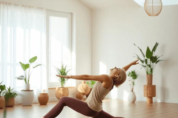 Yoga for Beginners Over 40: Poses to Improve Flexibility and Strength A peaceful yoga studio with soft light, a woman practicing gentle yoga on a mat, surrounded by calming plants and minimalistic decor.