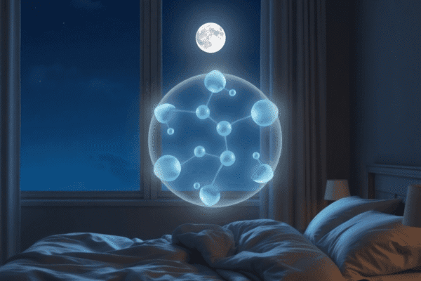 Can Melatonin Help With Anxiety: What You Need to Know A serene bedroom at night with soft moonlight, featuring a subtle glowing pineal gland or melatonin molecule symbolizing natural sleep and calm.
