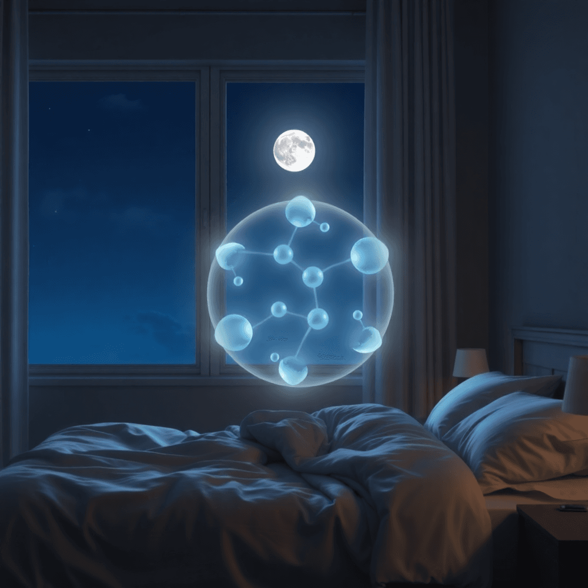 A serene bedroom at night with soft moonlight, featuring a subtle glowing pineal gland or melatonin molecule symbolizing natural sleep and calm.
