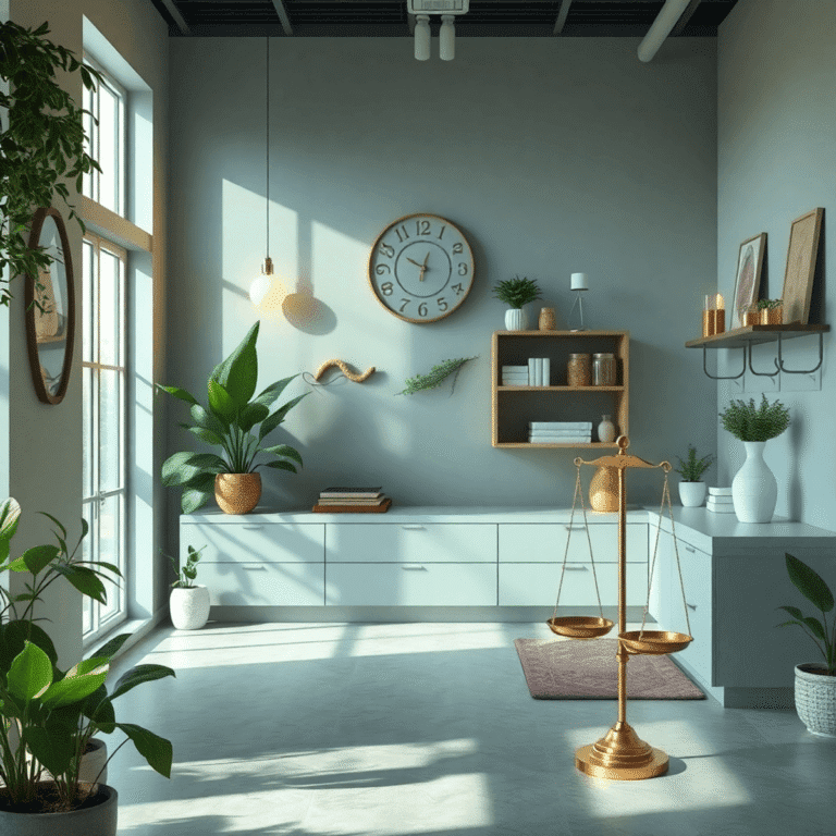 A serene holistic doctor's office with plants, soft lighting, stethoscope, herbal remedies, and a balanced scale symbolizing mind, body, and spirit...