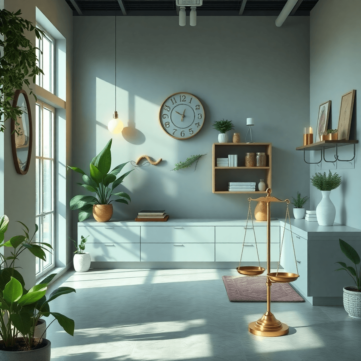A serene holistic doctor's office with plants, soft lighting, stethoscope, herbal remedies, and a balanced scale symbolizing mind, body, and spirit...