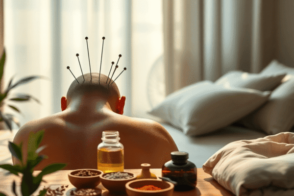 Alternative Therapies for Chronic Pain Management Reviewed by Experts A serene wellness scene with acupuncture needles on a back, gentle Tai Chi in sunlight, herbal remedies on wood, and a peaceful sleep setup with so...