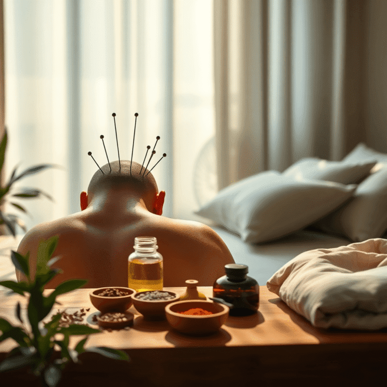 A serene wellness scene with acupuncture needles on a back, gentle Tai Chi in sunlight, herbal remedies on wood, and a peaceful sleep setup with so...