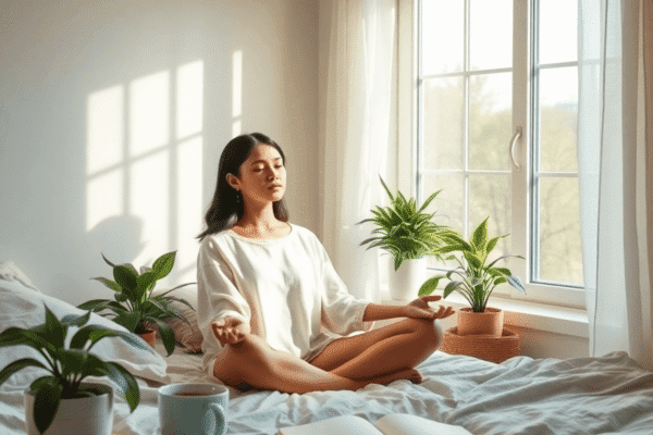 Holistic Morning Routines for Better Mental Health and Productivity A serene woman meditating by a sunlit window in a cozy bedroom with plants, herbal tea, and a journal, embodying calm morning routines.