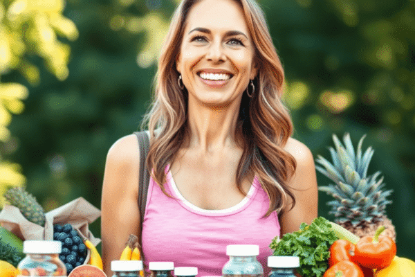 Vitamins For Over 40 Female: What You Need to Know A smiling woman in her 40s outdoors with fresh fruits, vegetables, and vitamin supplements, symbolizing wellness and vitality.