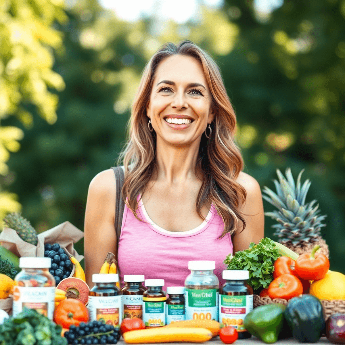 A smiling woman in her 40s outdoors with fresh fruits, vegetables, and vitamin supplements, symbolizing wellness and vitality.