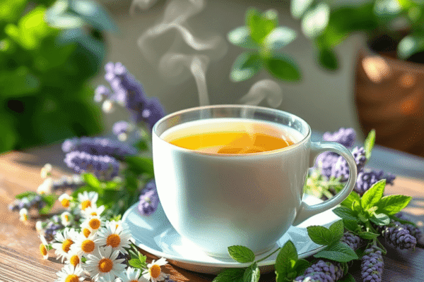 Herbal Teas for Stress Relief: Evidence-Based Benefits and Recipes A steaming cup of herbal tea on a wooden table surrounded by fresh chamomile, lavender, and mint with soft natural lighting.