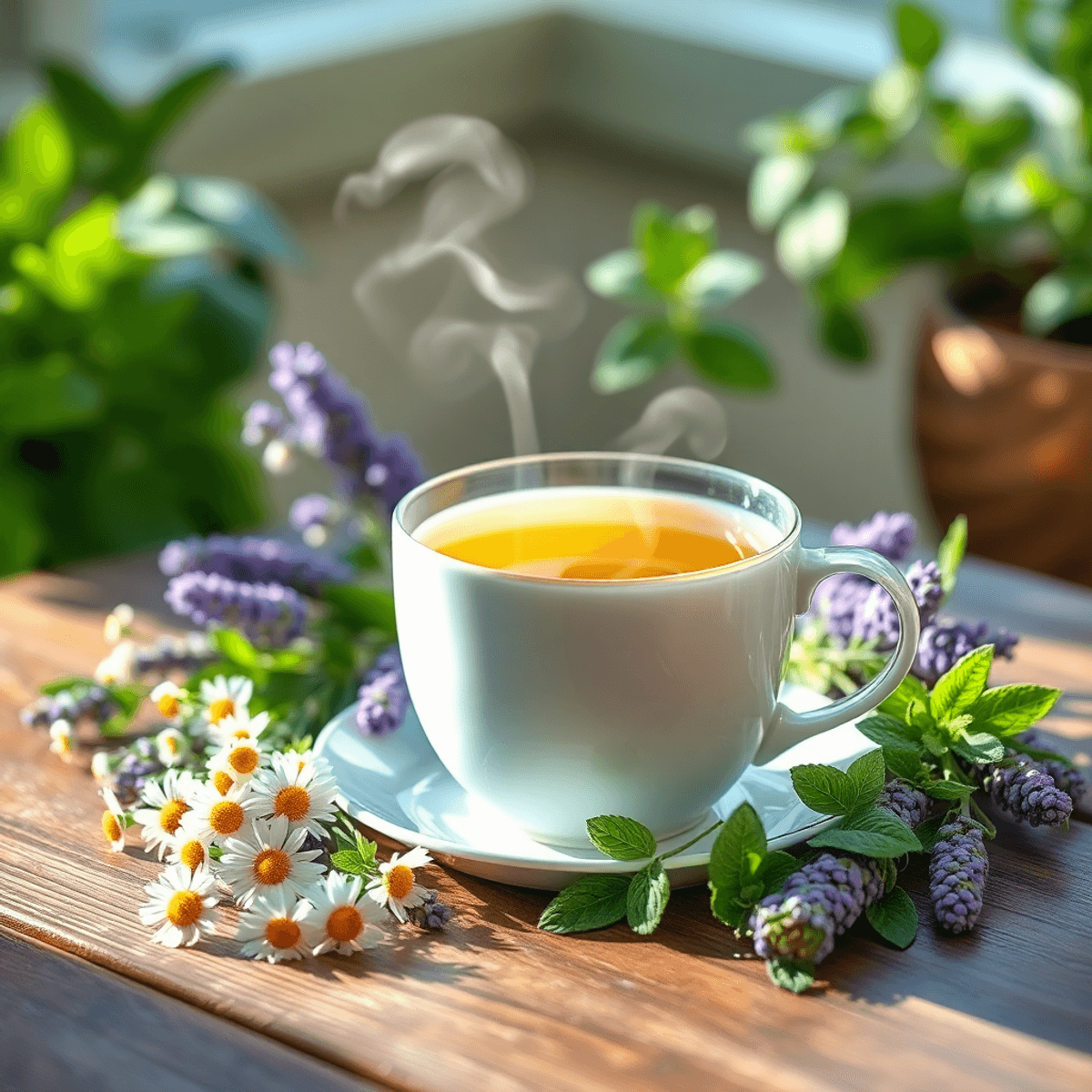 A steaming cup of herbal tea on a wooden table surrounded by fresh chamomile, lavender, and mint with soft natural lighting.