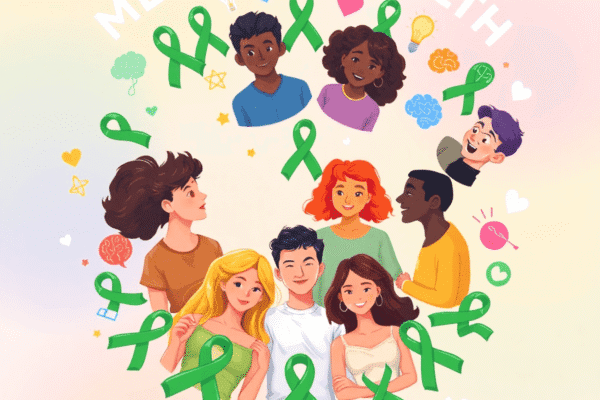 Mental Health Awareness Month Activities: What You Need to Know A vibrant illustration of people in a supportive circle with green ribbons, hearts, brains, and light bulbs symbolizing Mental Health Awareness Month.