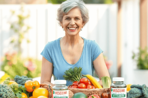 Best Multivitamin For Over 50 Women: What You Need to Know A vibrant woman over 50 smiling outdoors by a wooden table with fresh fruits, vegetables, and multivitamin bottles, symbolizing wellness and vitality.