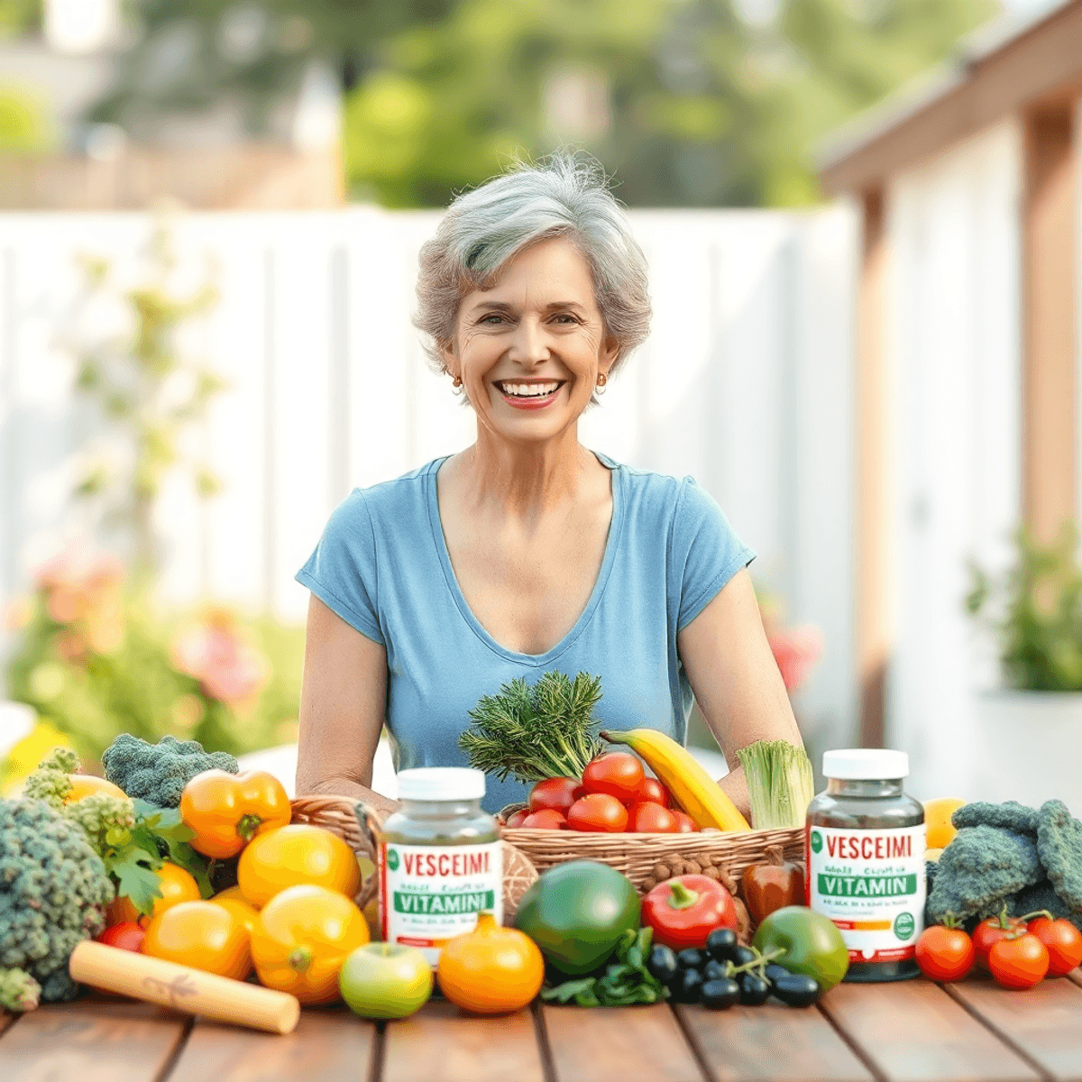 A vibrant woman over 50 smiling outdoors by a wooden table with fresh fruits, vegetables, and multivitamin bottles, symbolizing wellness and vitality.