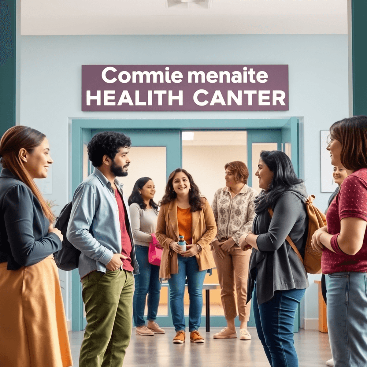 A welcoming community health center with diverse people engaged in supportive conversation, symbolizing free mental health services and accessible ...