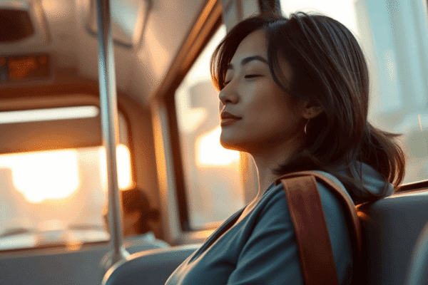 How to Practice Mindfulness During Your Commute A woman calmly practicing mindfulness on a bus at sunrise with soft natural light and a gentle cityscape outside the window.