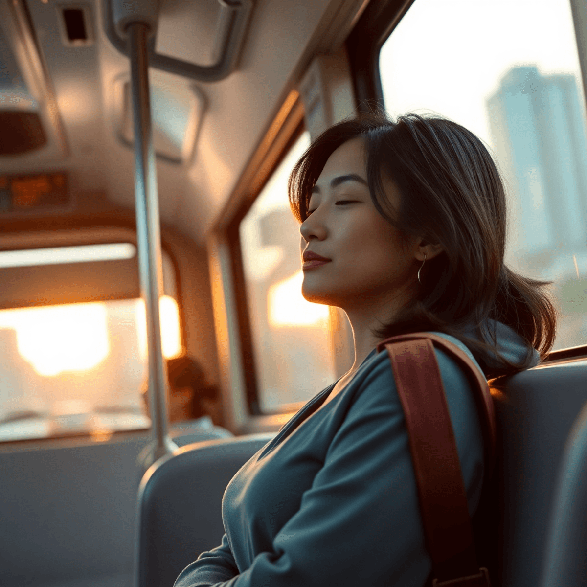 A woman calmly practicing mindfulness on a bus at sunrise with soft natural light and a gentle cityscape outside the window.