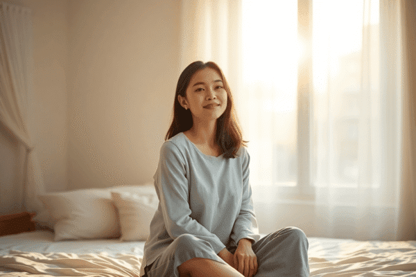 Morning Anxiety: What You Need to Know A woman sitting calmly on her bed with soft sunlight filtering through the window, smiling peacefully in a serene morning bedroom scene.