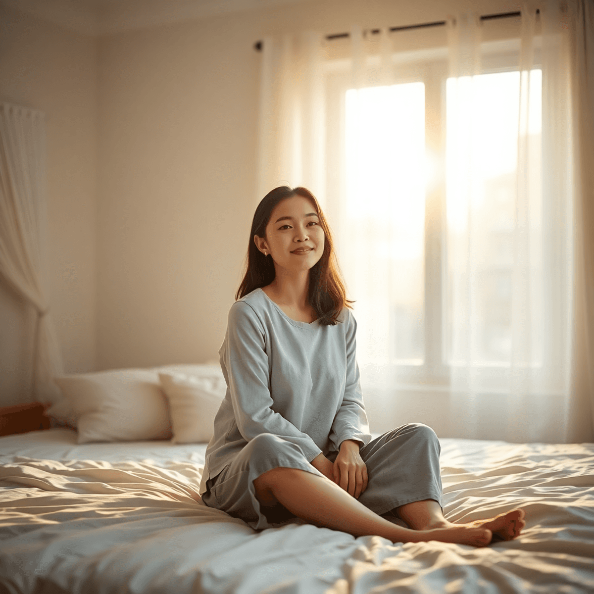 A woman sitting calmly on her bed with soft sunlight filtering through the window, smiling peacefully in a serene morning bedroom scene.