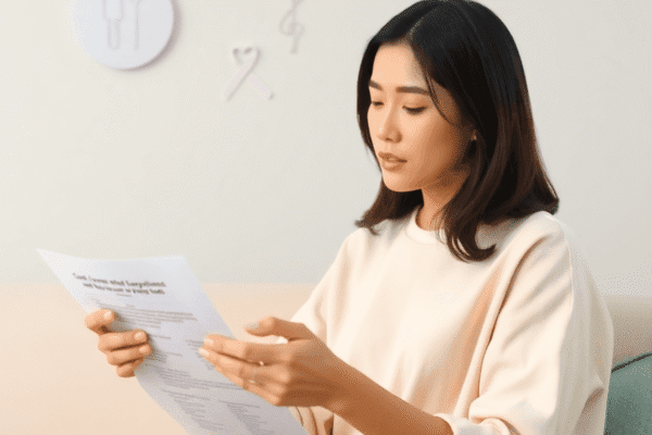 A woman thoughtfully filling out a self-assessment questionnaire in a calm healthcare setting with pastel colors and subtle mental health symbols.
