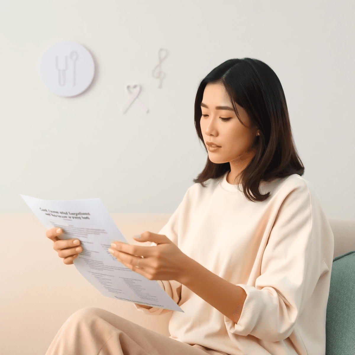 A woman thoughtfully filling out a self-assessment questionnaire in a calm healthcare setting with pastel colors and subtle mental health symbols.