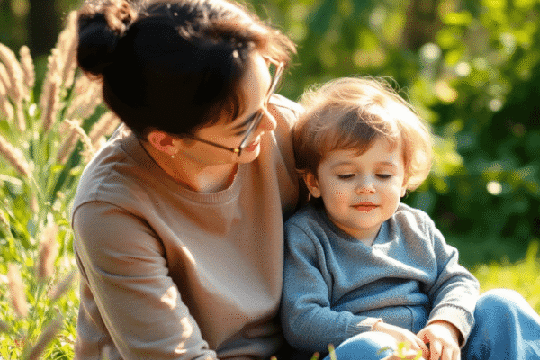 Natural Anxiety Medication For Children: What You Need to Know A young child sitting peacefully with a caring parent in a bright, green natural setting with soft sunlight, symbolizing calm and holistic wellness.