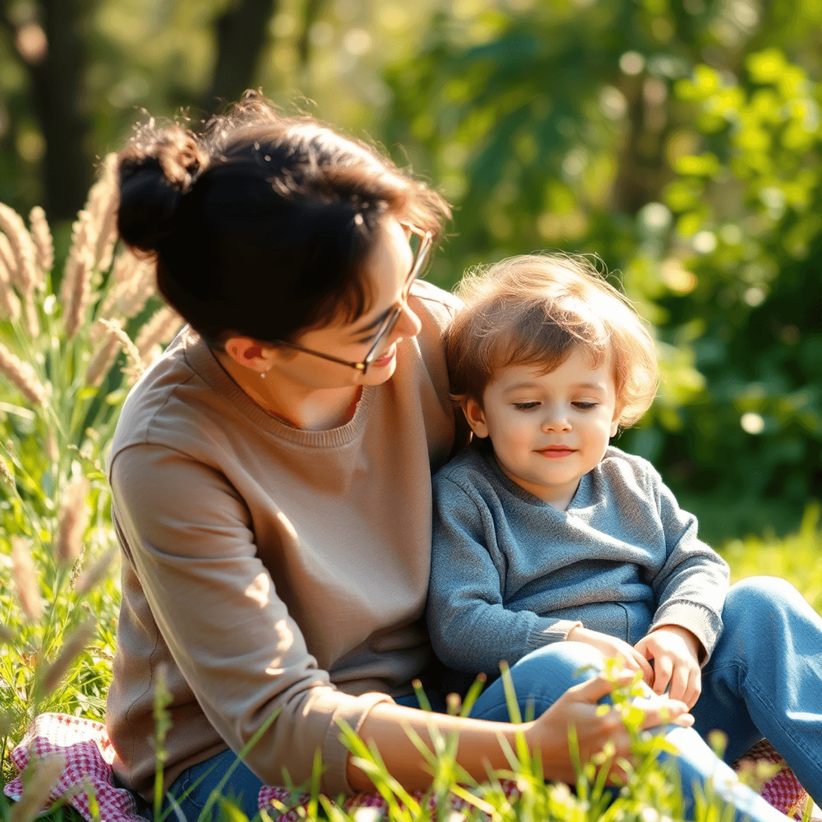 A young child sitting peacefully with a caring parent in a bright, green natural setting with soft sunlight, symbolizing calm and holistic wellness.
