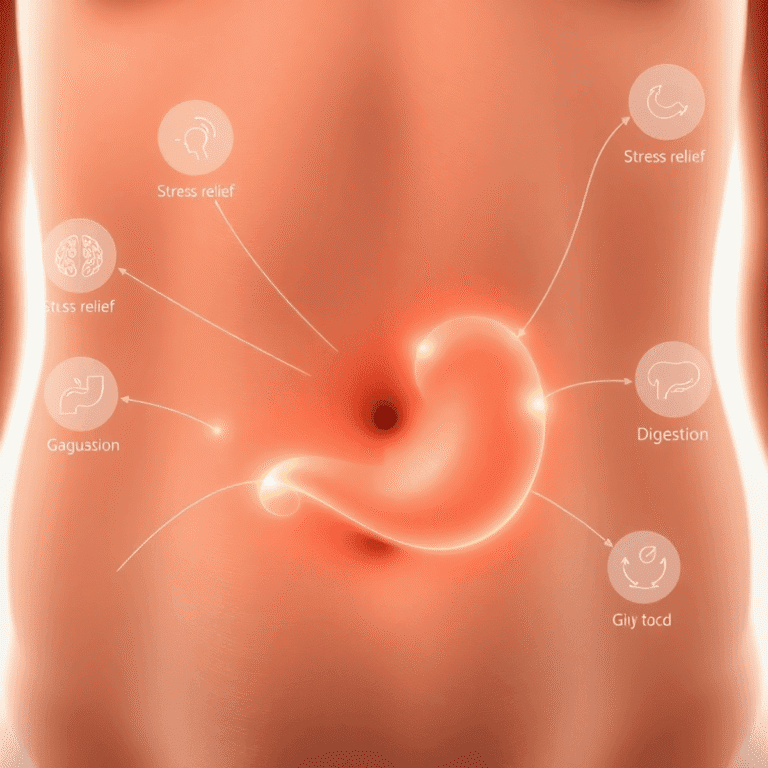 Close-up of a calm stomach with glowing lines showing gut-brain connection, surrounded by icons of stress relief and healthy digestion in soft, soo...