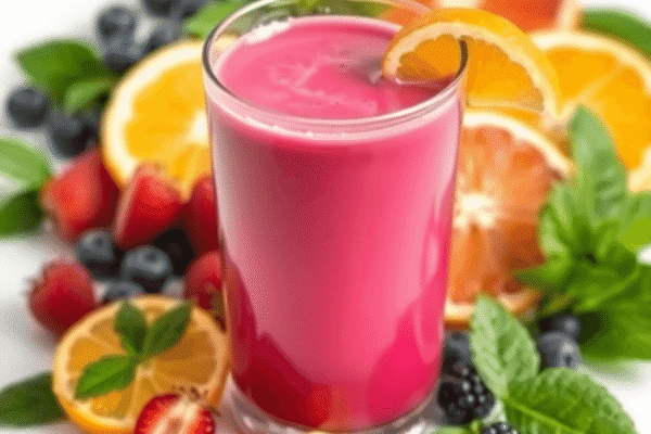 Unpacking the Hype Around Collagen Supplements in 2025 Close-up of a glass collagen drink surrounded by berries, citrus fruits, and leafy greens on a white background, symbolizing health and wellness.