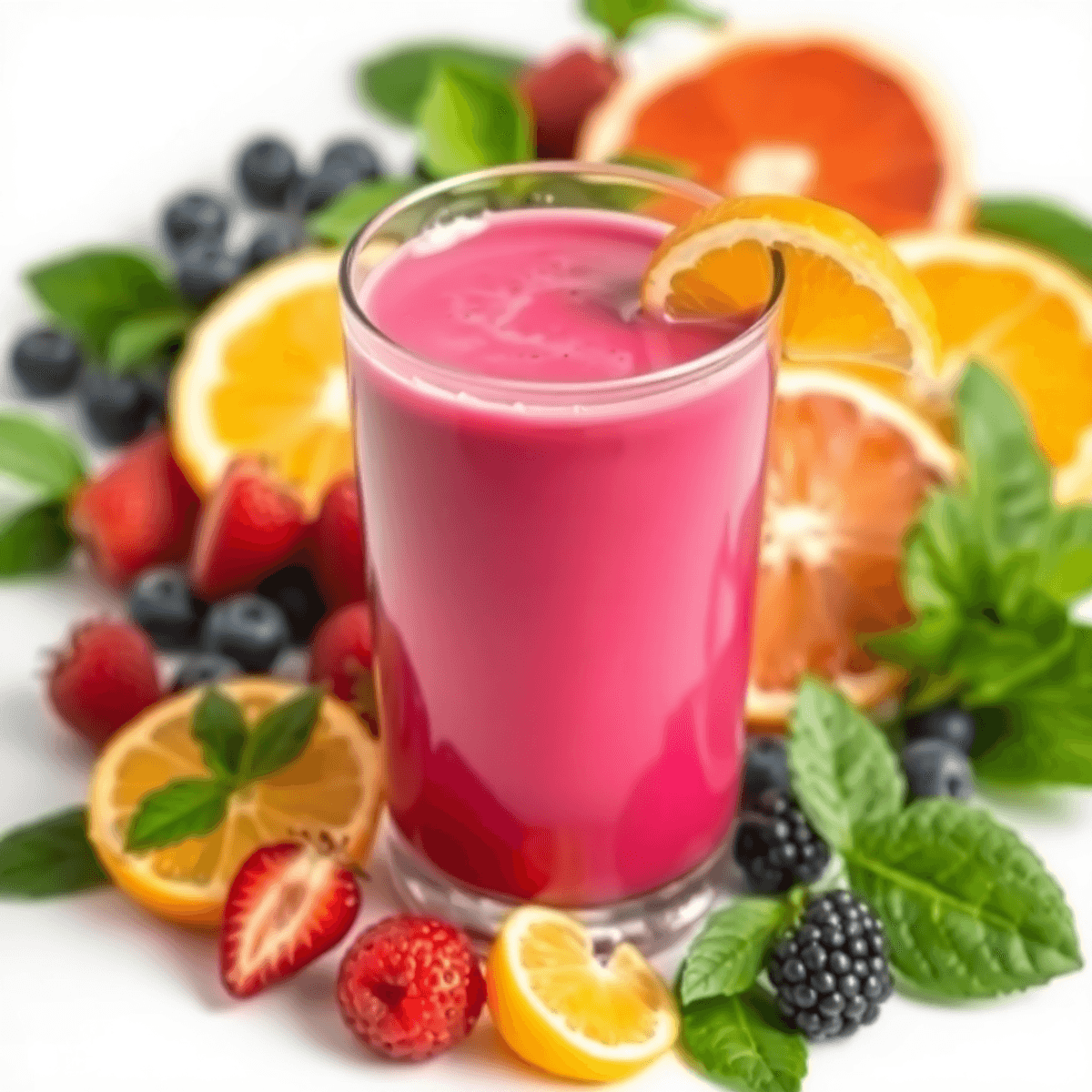 Close-up of a glass collagen drink surrounded by berries, citrus fruits, and leafy greens on a white background, symbolizing health and wellness.