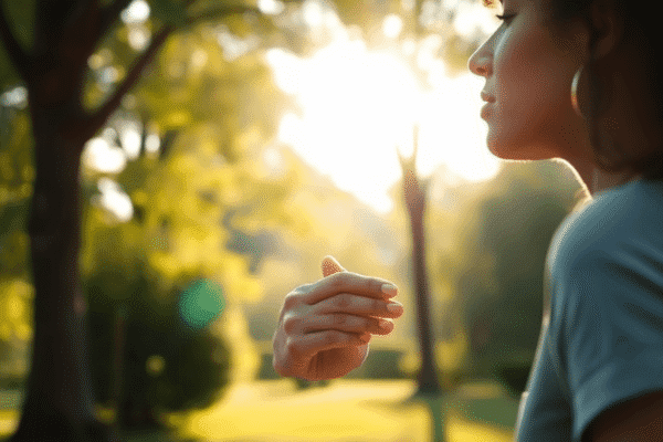Breathing To Lower Blood Pressure: What You Need to Know Close-up of a woman practicing deep breathing outdoors with soft sunlight filtering through trees, symbolizing natural blood pressure and heart hea...