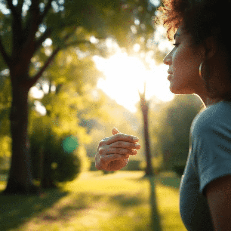 Close-up of a woman practicing deep breathing outdoors with soft sunlight filtering through trees, symbolizing natural blood pressure and heart hea...