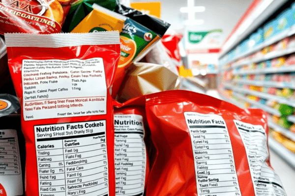 Decoding Food Labels: A Guide to Smarter Grocery Shopping Close-up of assorted packaged foods with clear nutrition labels showing serving size, calories, and nutrients, set in a bright grocery store backgr...