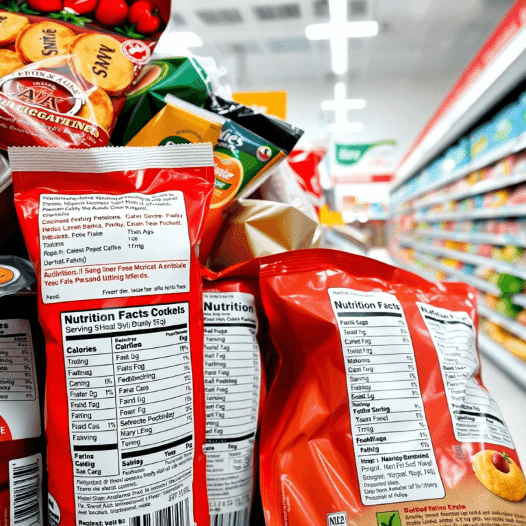 Close-up of assorted packaged foods with clear nutrition labels showing serving size, calories, and nutrients, set in a bright grocery store backgr...