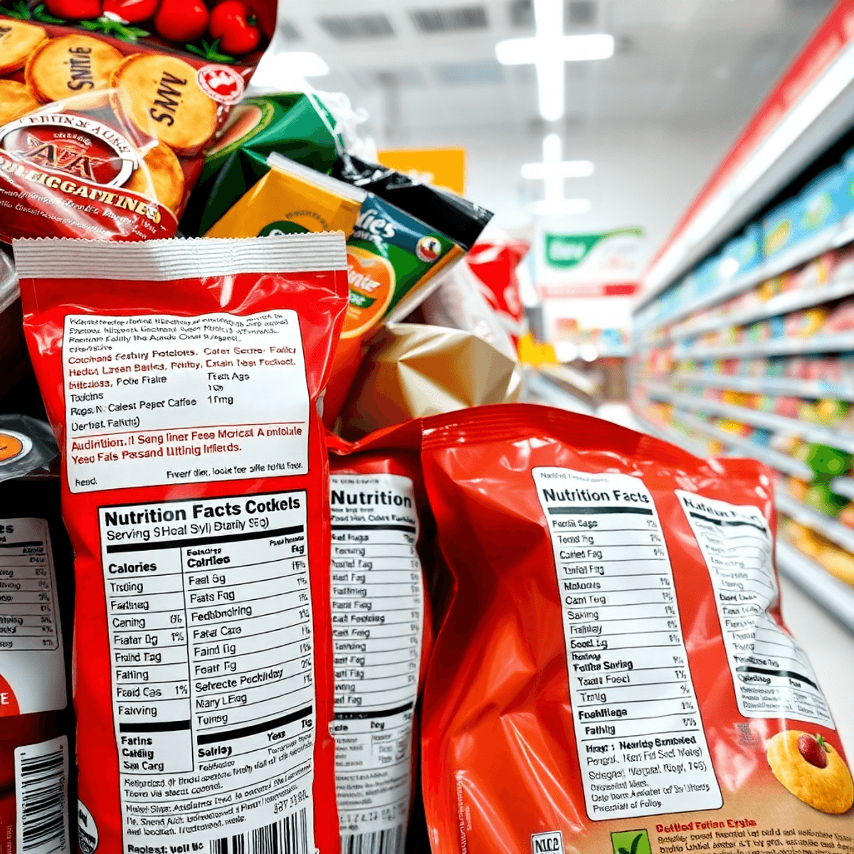 Close-up of assorted packaged foods with clear nutrition labels showing serving size, calories, and nutrients, set in a bright grocery store backgr...