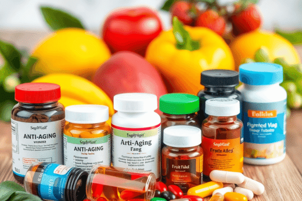 Anti Aging Supplements: What You Need to Know Close-up of colorful anti-aging supplements and vitamins on wood, with fresh fruits and green leaves in the background symbolizing health.