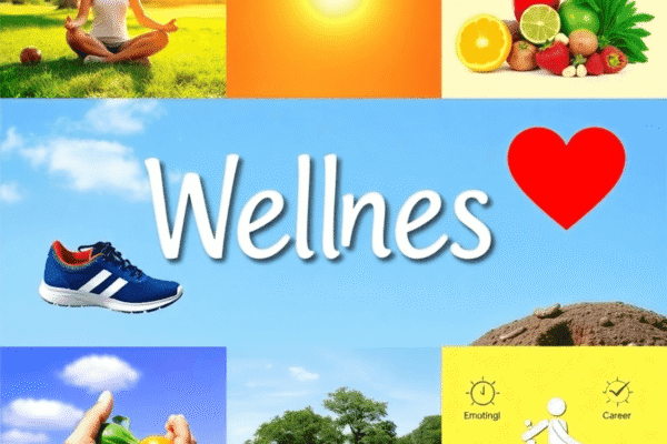 Wellness Activities: What You Need to Know Collage of wellness symbols: person meditating outdoors, healthy foods, running shoe, heart symbol, social and career icons on a bright natural bac...