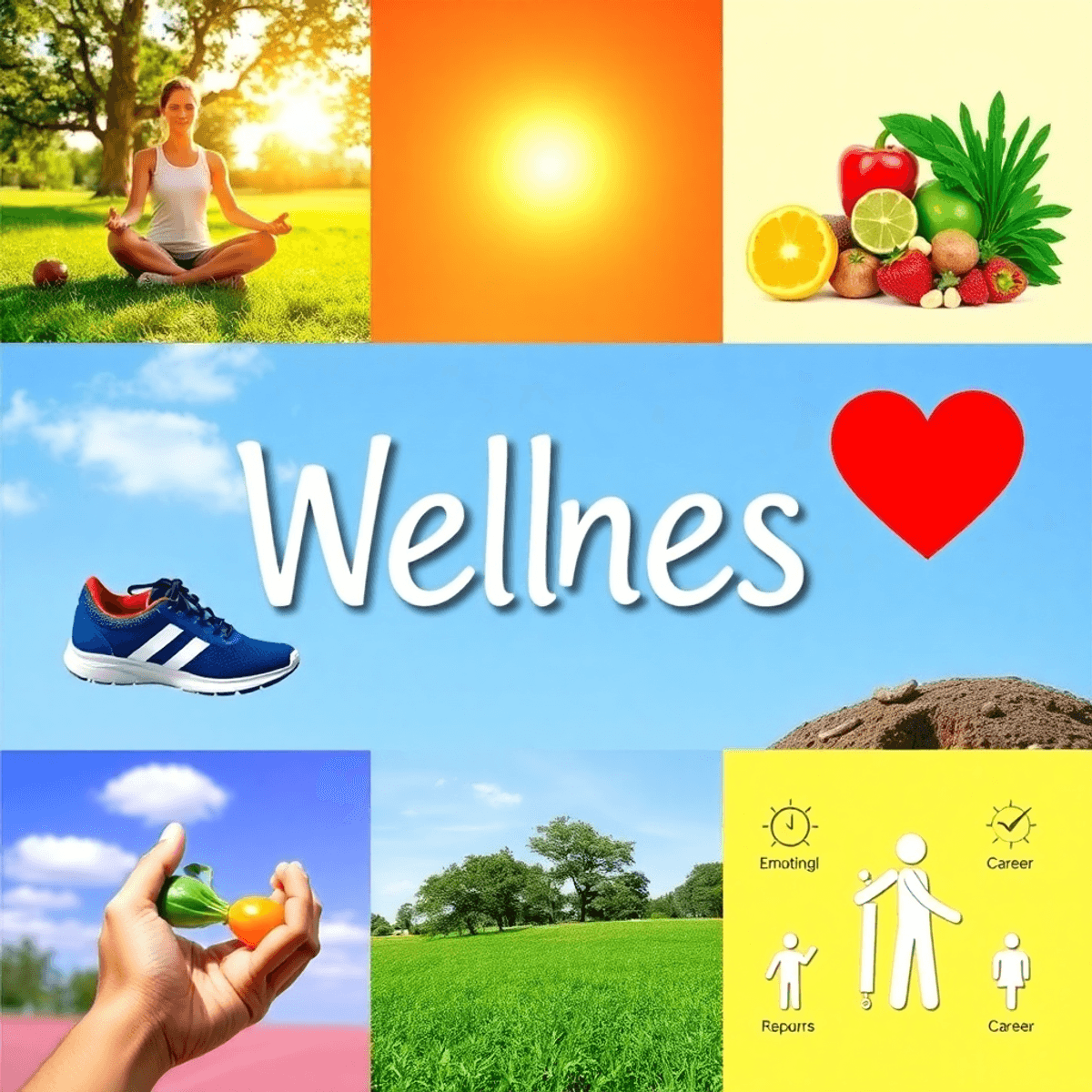 Collage of wellness symbols: person meditating outdoors, healthy foods, running shoe, heart symbol, social and career icons on a bright natural bac...