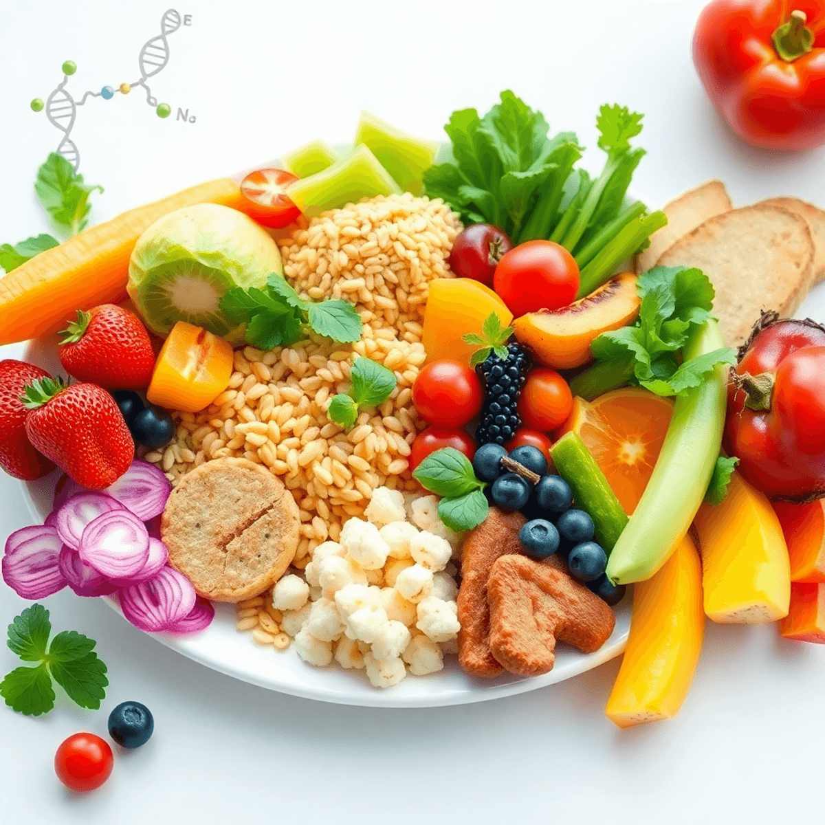 Colorful balanced meal with fruits, vegetables, grains, and plant proteins on a white plate, with subtle scientific icons in the background.