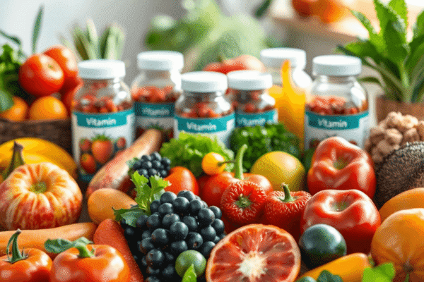 Vitamins To Control Stress: What You Need to Know Colorful fruits and vegetables arranged with vitamin supplement bottles on a wooden table, bathed in soft natural light to evoke health and wellness.