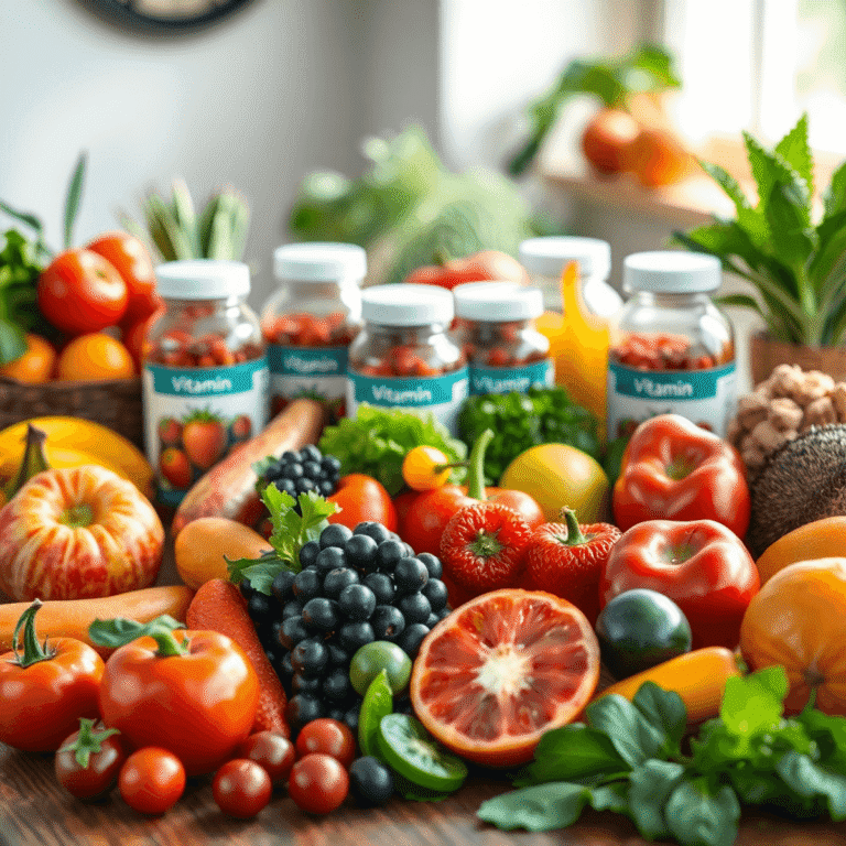 Colorful fruits and vegetables arranged with vitamin supplement bottles on a wooden table, bathed in soft natural light to evoke health and wellness.