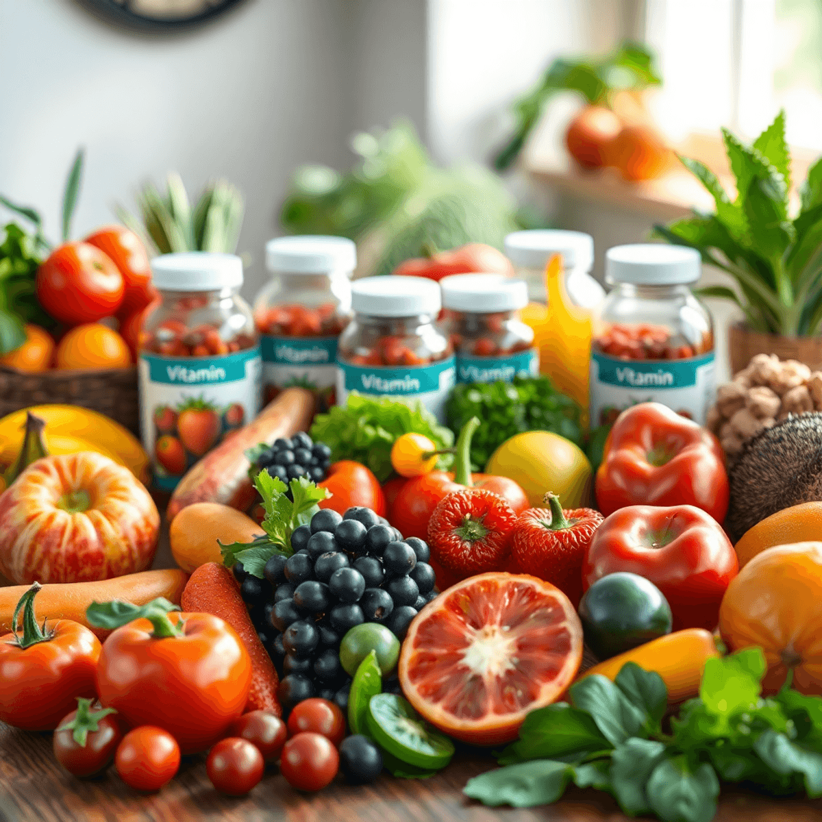 Colorful fruits and vegetables arranged with vitamin supplement bottles on a wooden table, bathed in soft natural light to evoke health and wellness.