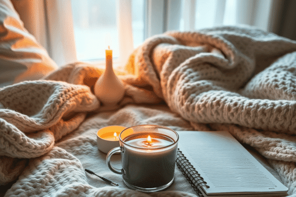 Forms Of Self Care: What You Need to Know Cozy home scene with a lit candle, herbal tea, journal, and soft blankets, creating a relaxing and inviting atmosphere.