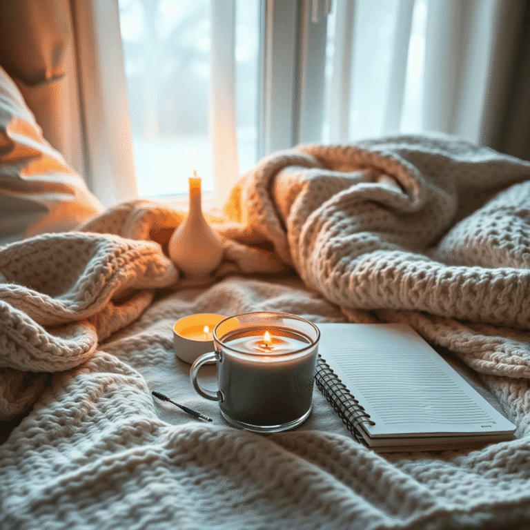 Cozy home scene with a lit candle, herbal tea, journal, and soft blankets, creating a relaxing and inviting atmosphere.