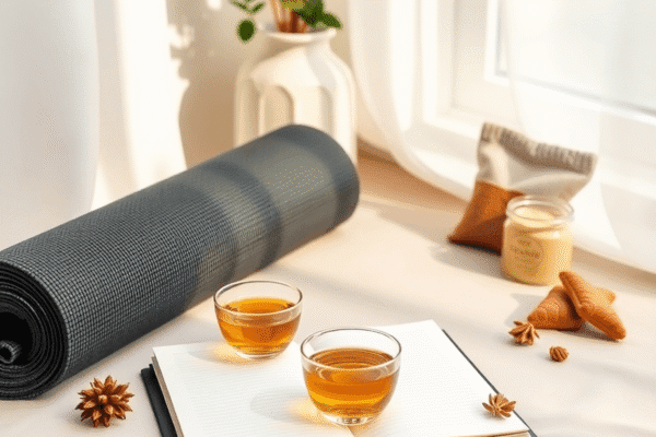 How to Create a Personalized Self-Care Routine That Sticks Cozy self-care space with soft natural light, a journal, herbal tea, yoga mat, and healthy snacks arranged neatly for wellness and mindfulness.