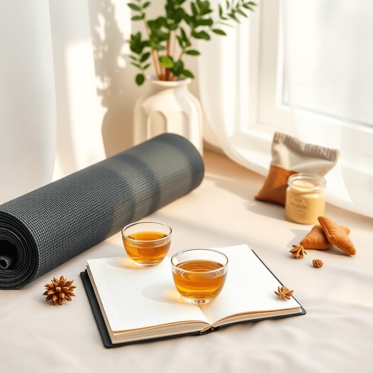 Cozy self-care space with soft natural light, a journal, herbal tea, yoga mat, and healthy snacks arranged neatly for wellness and mindfulness.