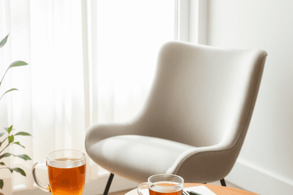 Taking A Mental Health Day: What You Need to Know Cozy workspace with a chair, soft natural light, a cup of herbal tea on a side table, and a notebook with a pen, evoking calm and relaxation.